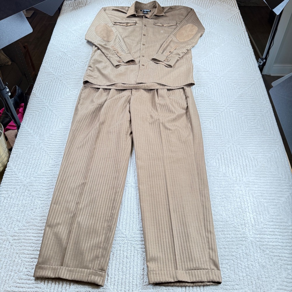 Stacy Adams Walking Suit Mens XL 40 Tan Herringbone Suede Elbow Patch 2pc Set